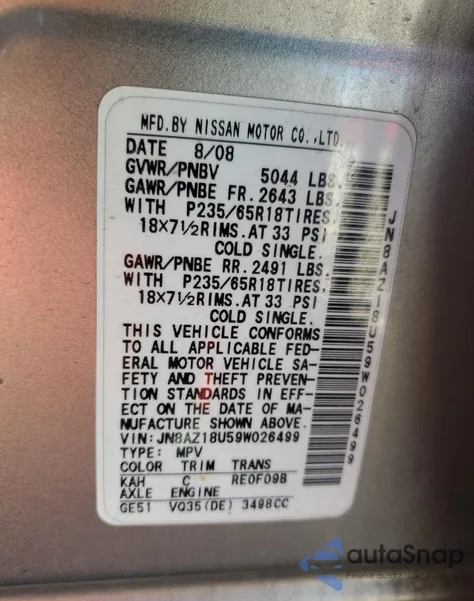 2009 Nissan Murano S z USA, uszkodzony, nr VIN JN8AZ18U59W026499